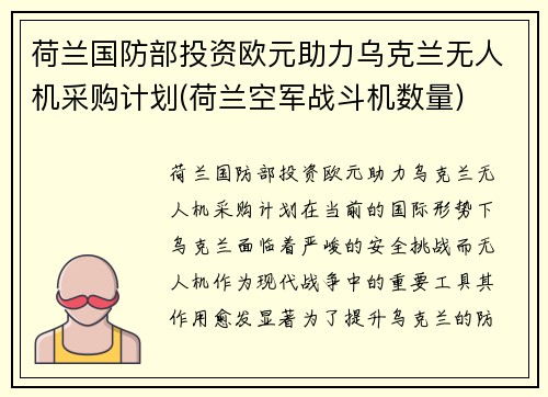 荷兰国防部投资欧元助力乌克兰无人机采购计划(荷兰空军战斗机数量)