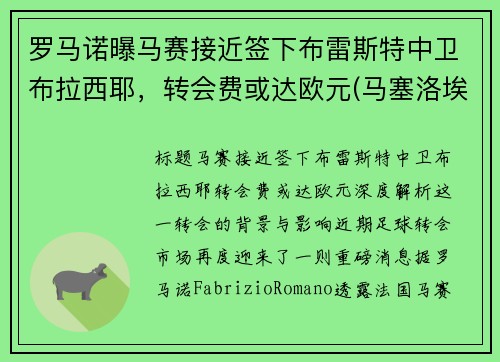 罗马诺曝马赛接近签下布雷斯特中卫布拉西耶，转会费或达欧元(马塞洛埃布拉德)