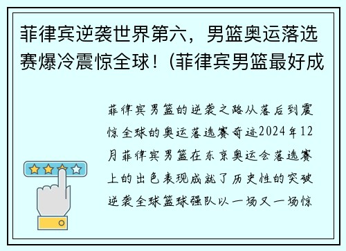 菲律宾逆袭世界第六，男篮奥运落选赛爆冷震惊全球！(菲律宾男篮最好成绩)