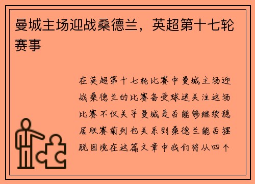 曼城主场迎战桑德兰，英超第十七轮赛事