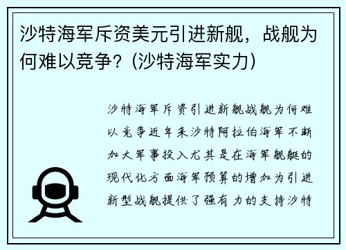 沙特海军斥资美元引进新舰，战舰为何难以竞争？(沙特海军实力)