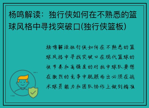杨鸣解读：独行侠如何在不熟悉的篮球风格中寻找突破口(独行侠篮板)